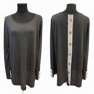 ladies charcoal tunic 3X A-line button lace crochet detail boho long sleeve